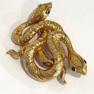 Vintage Double Snake Intertwined Brooch Emerald Rhinestone Eye Gold Tone Reptile